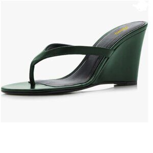 Milooey shoes Green Round Toe Flip Flops Wedge High Heels Slip On Thong Sandals